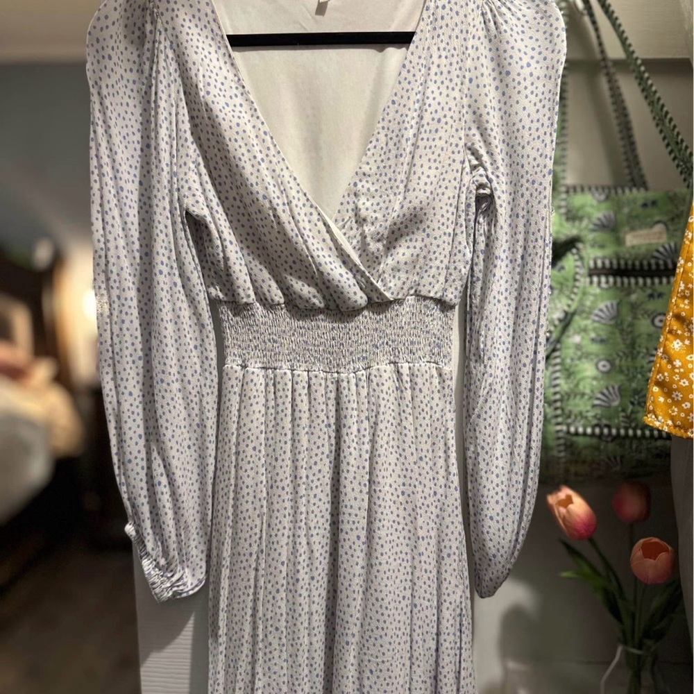 GB White and Blue Polka Dot Long Sleeve Dress